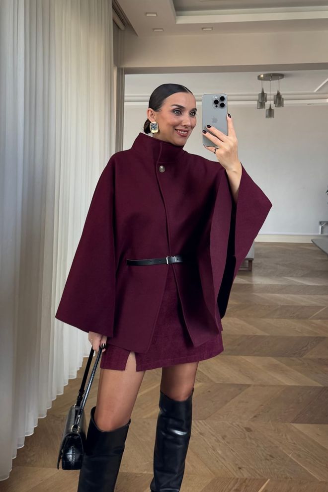 Tuba Poncho De Caxemira Com Cinto Borgonha Roupas por atacado 0