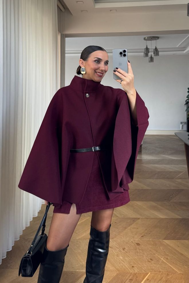 Tuba Poncho De Caxemira Com Cinto Borgonha Roupas por atacado 2