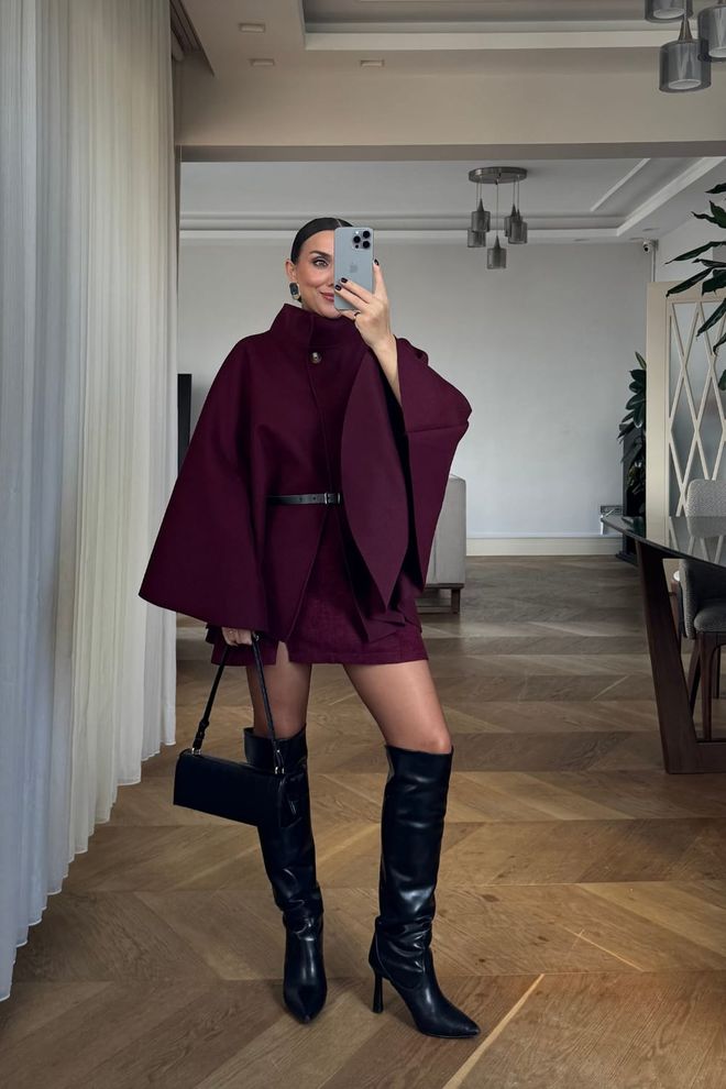 Tuba Poncho De Caxemira Com Cinto Borgonha Roupas por atacado 4