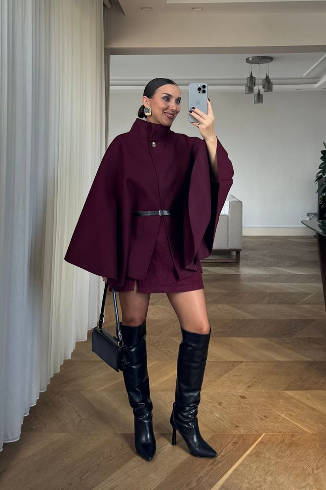 Tuba Poncho De Caxemira Com Cinto Borgonha Roupas por atacado 3