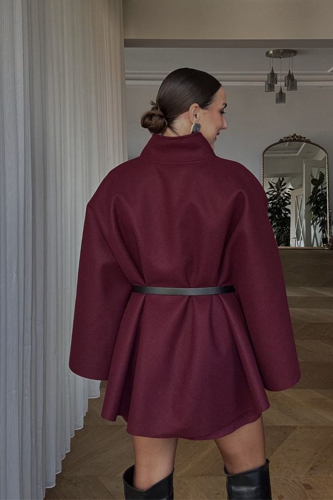 Tuba Poncho De Caxemira Com Cinto Borgonha Roupas por atacado 5