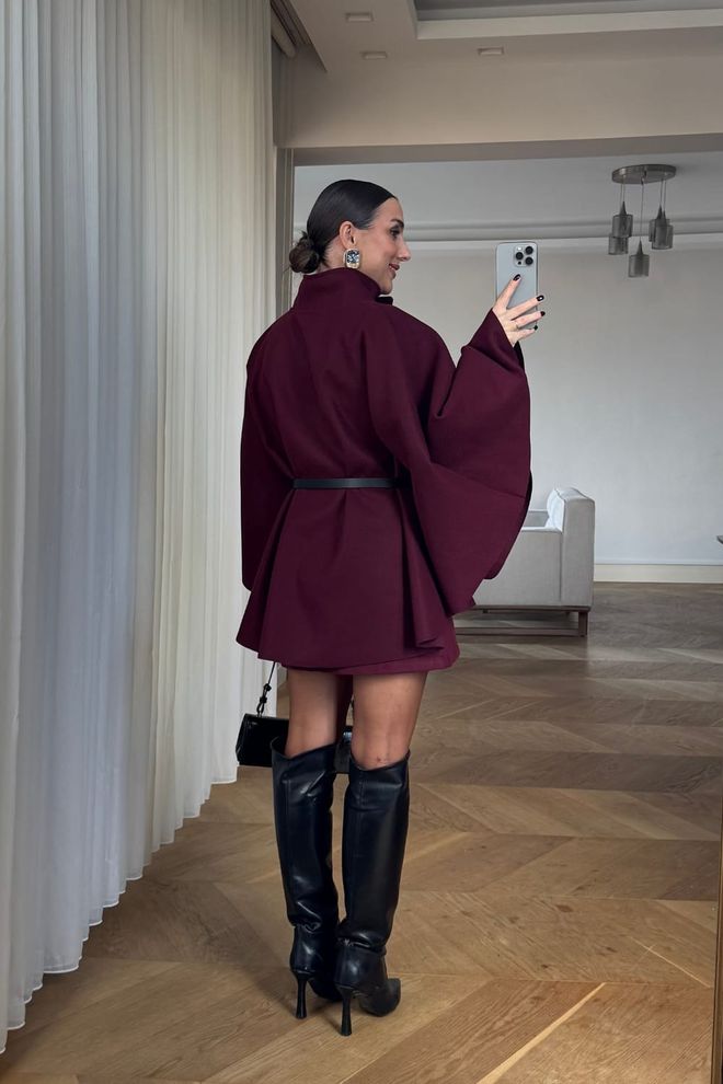 Tuba Poncho De Caxemira Com Cinto Borgonha Roupas por atacado 6