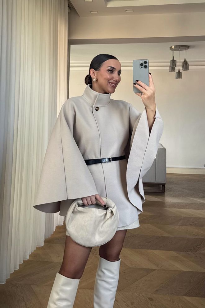 Tuba Poncho De Caxemira Com Cinto Bege Roupas por atacado 0