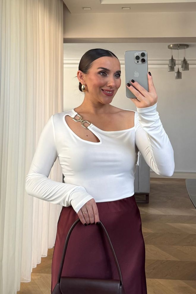 Tuba Beyaz Dar Kalıp Zarif Seksi Düğmeli Kare Yakalı Gömlek Toptan Giyim Gündelik