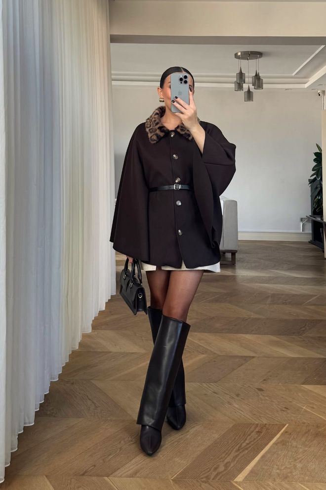 Tuba Poncho De Caxemira Com Cinto Com Detalhes De Leopardo Marrom Roupas por atacado 0