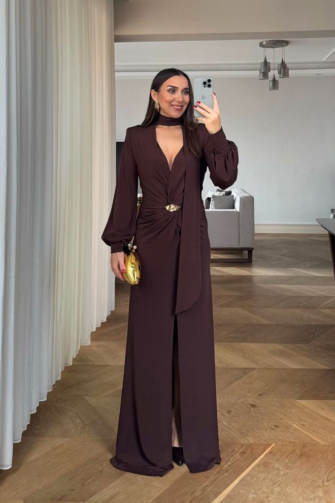 Tuba Elegant Brown Wrap Dress With Plunging Neck Wholesale Clothing Sexy