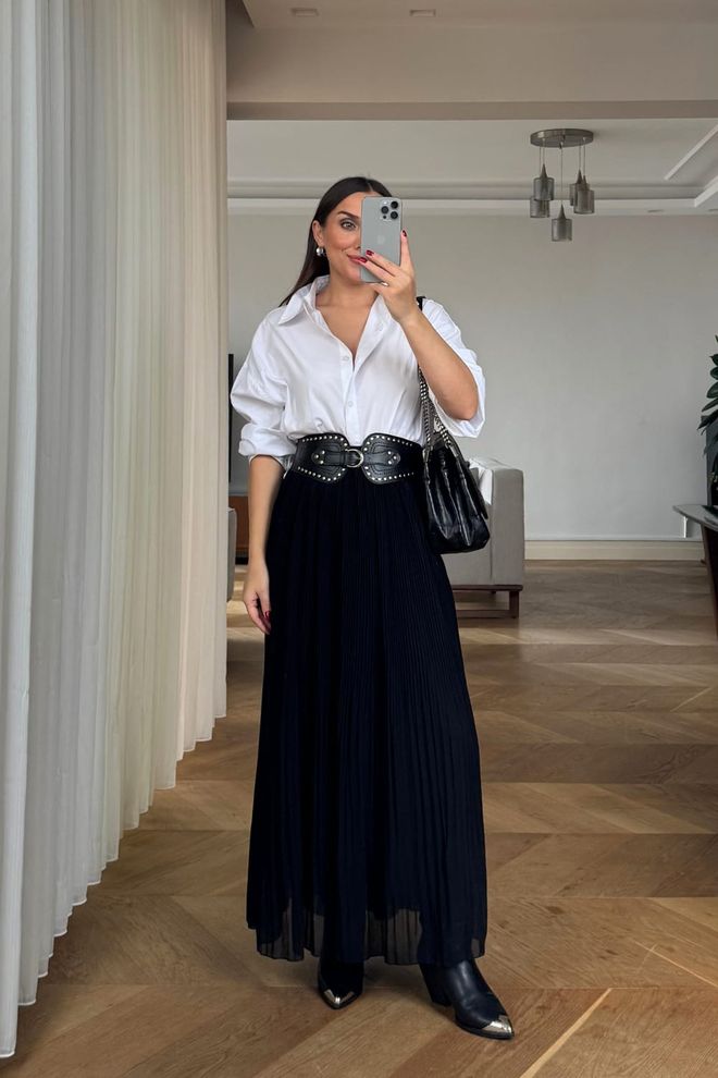 Tuba Black Elegant Pleated Maxi Skirt High Waist Wholesale Clothing Modest