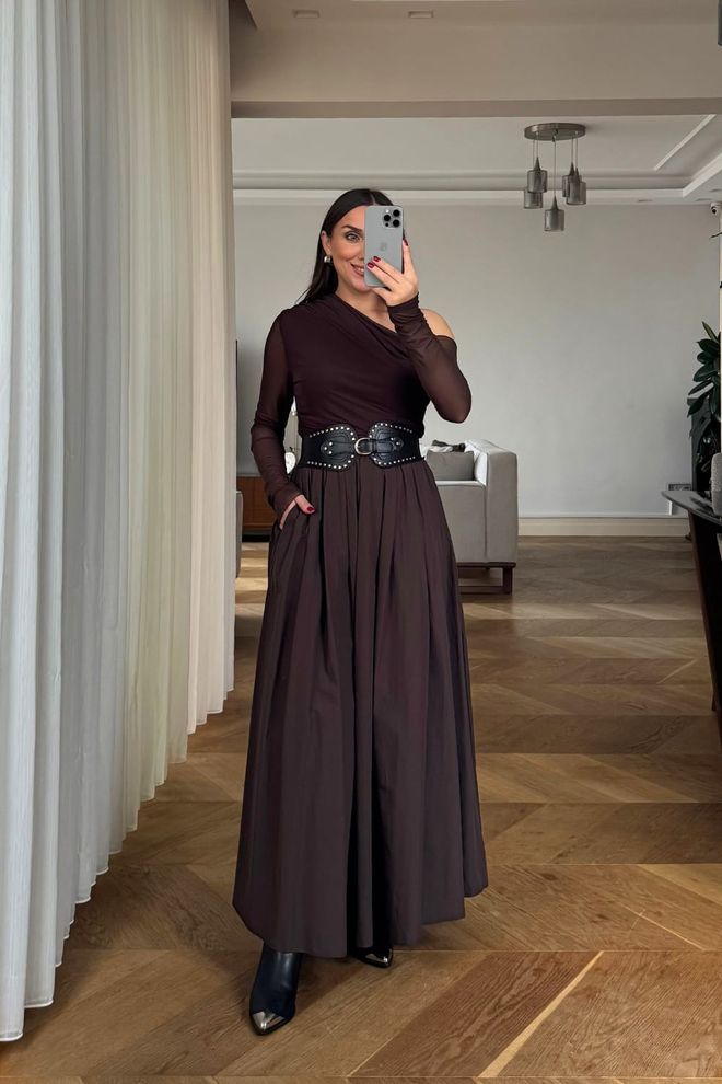 Tuba Elegant Brown Flared Maxi Skirt High Waist Wholesale Clothing Formal