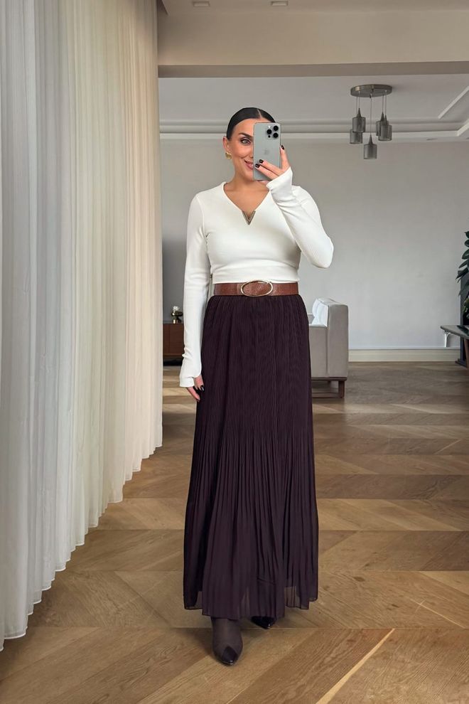 Tuba Elegant Brown Striped Pleated Maxi Skirt High Waist Wholesale Clothing Modest