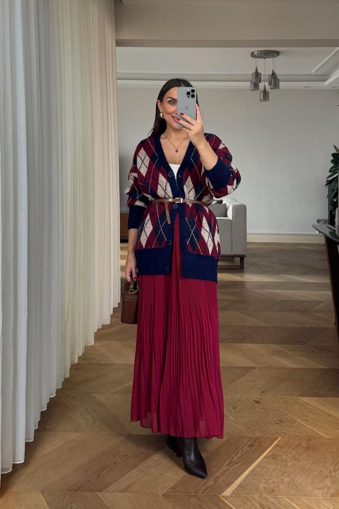 Tuba Claret Red Pleated Maxi Skirt High Waist Wholesale Clothing Casual