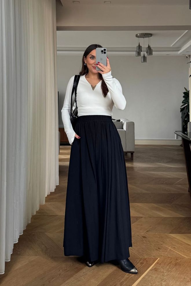 Tuba Elastic Waist Long Polin Skirt Black Wholesale Clothing 0