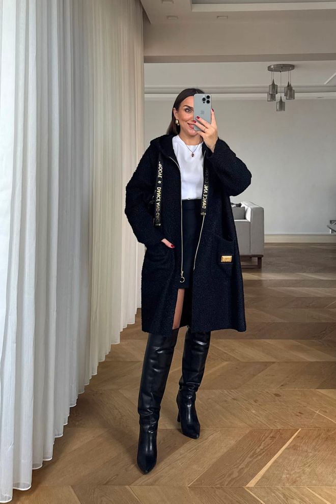 Tuba Black Hooded Oversized Zip Up Jacket Wholesale Clothing Casual