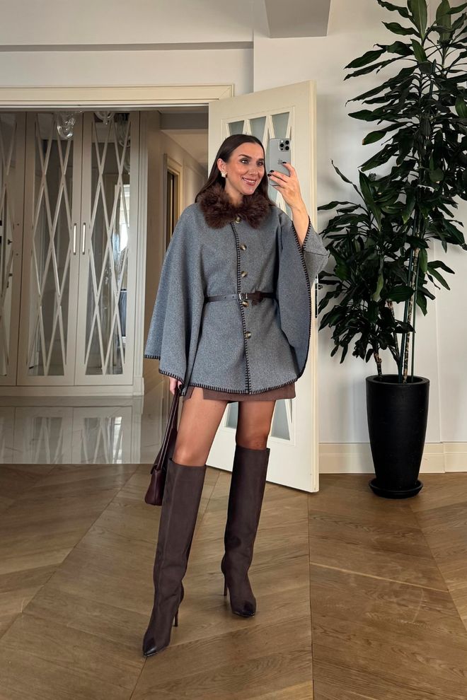 Tuba Poncho In Cashmere Con Dettagli In Pelliccia Sintetica Con Cuciture Grigio Abbigliamento all'ingrosso 0
