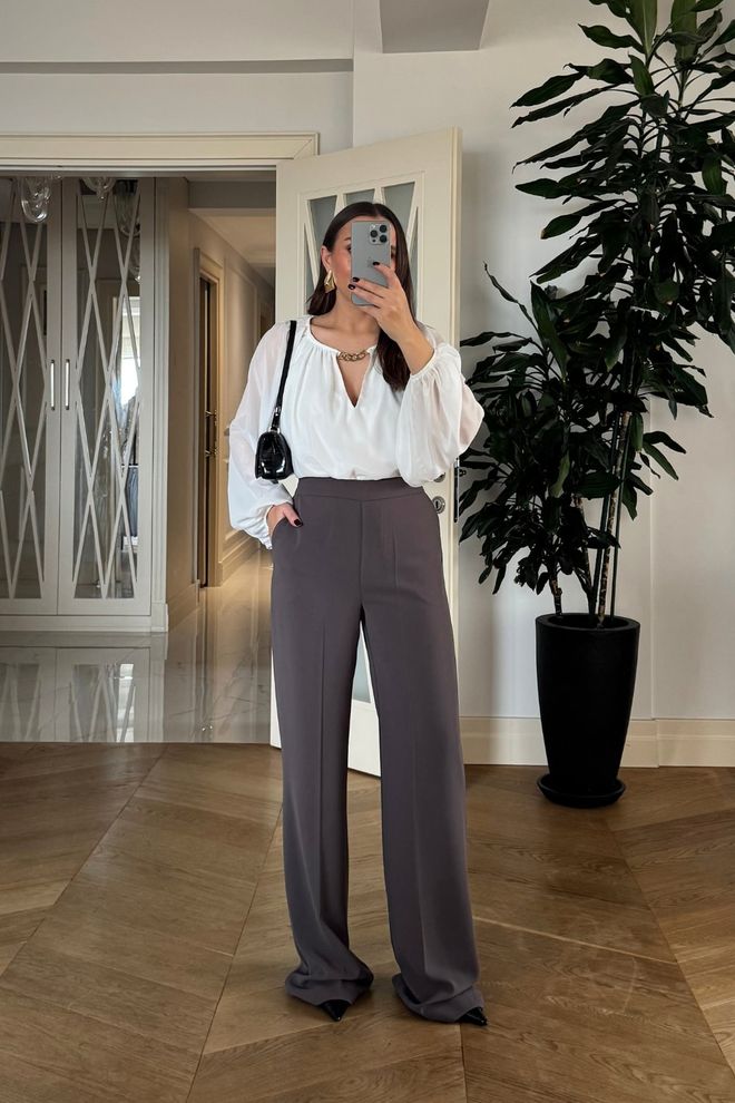 Tuba Grey Elegant Formal Palazzo Pants Wholesale Clothing Work