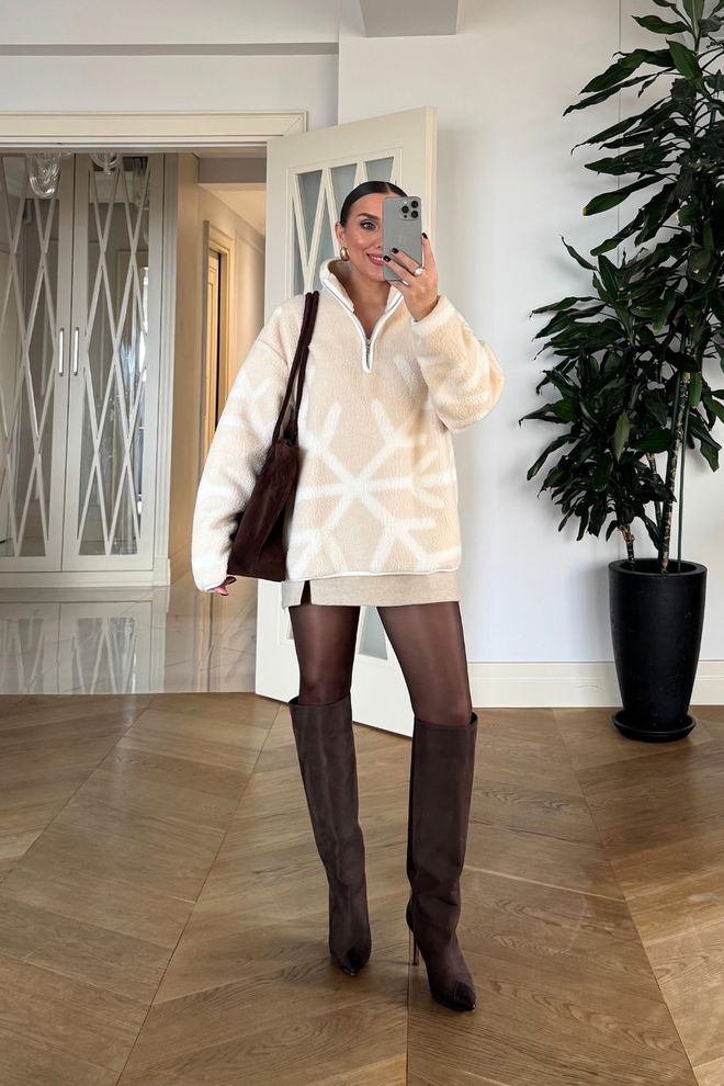 Tuba Bej Sweatshirt Bol Kesim Ve Balıkçı Yaka İle Toptan Giyim 5