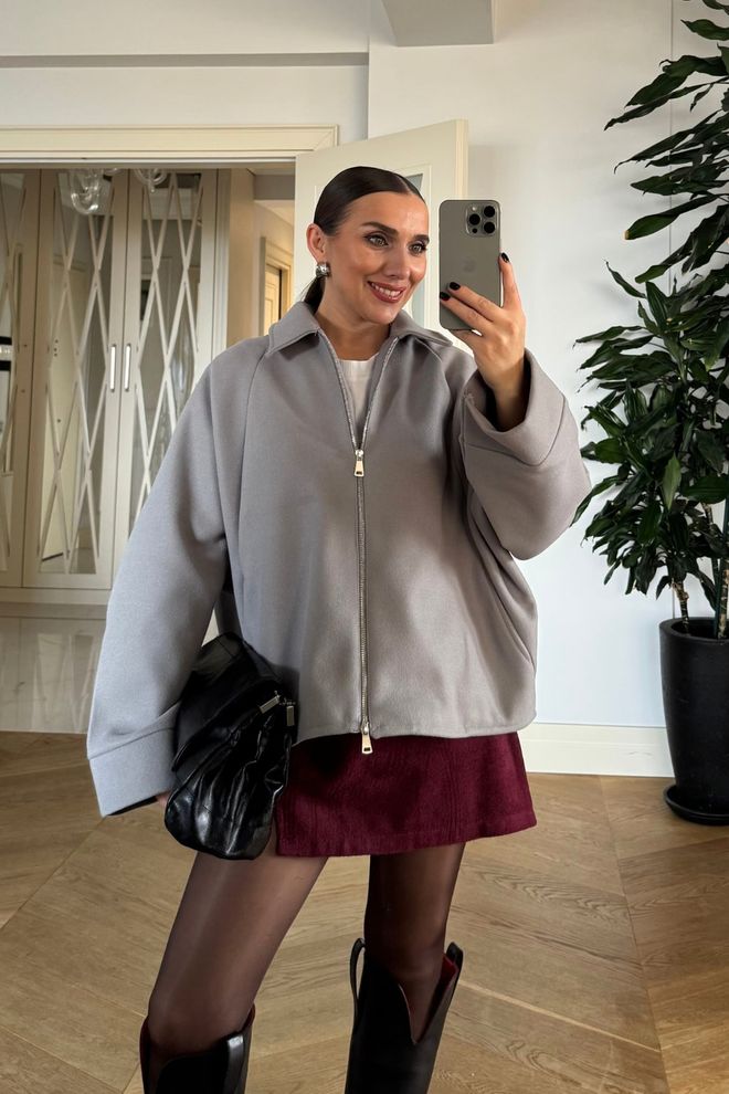 Tuba Grijze Oversized Jas Shacket Met Ritssluiting Groothandel Kleding Casual