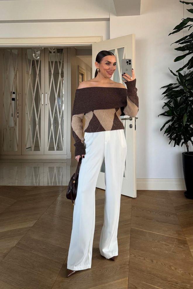 Tuba Cardigan Maro Elegant În Carouri Cu Decolteu Fără Umeri Îmbrăcăminte cu ridicata 1
