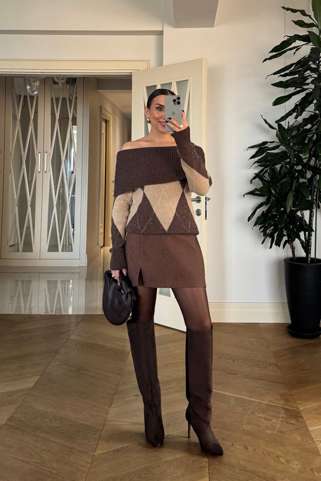 Tuba Cardigan Maro Elegant În Carouri Cu Decolteu Fără Umeri Îmbrăcăminte cu ridicata 5