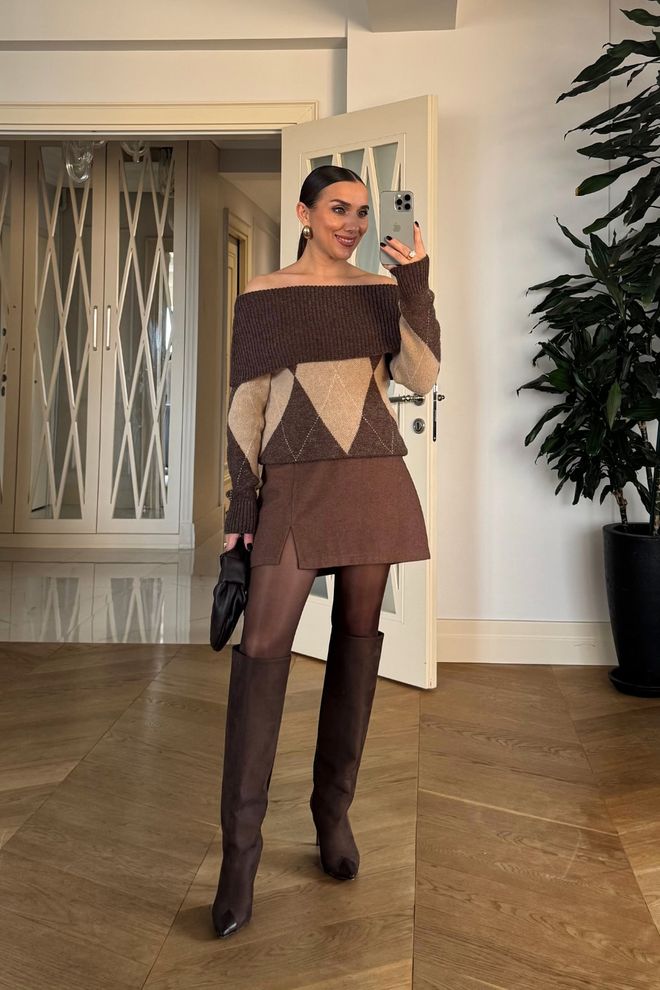 Tuba Cardigan Maro Elegant În Carouri Cu Decolteu Fără Umeri Îmbrăcăminte cu ridicata Vintage