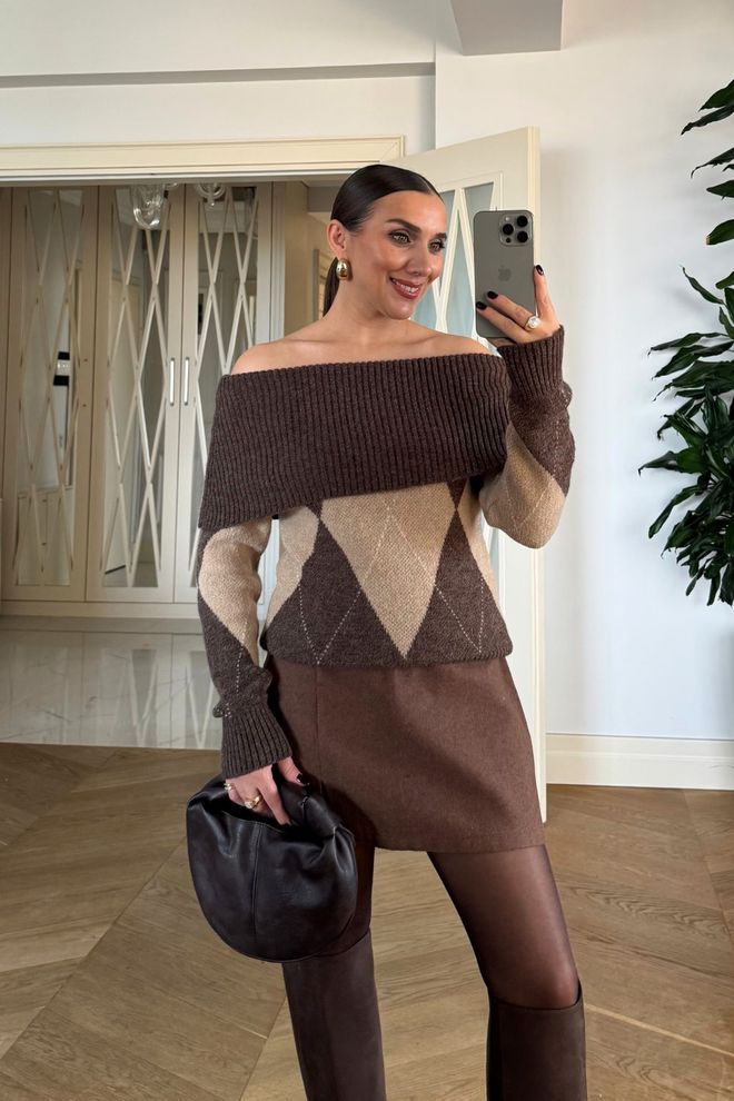 Tuba Cardigan Maro Elegant În Carouri Cu Decolteu Fără Umeri Îmbrăcăminte cu ridicata Toamnă