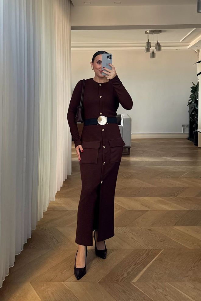 Tuba Smeđa Elegantna Blejzer Haljina Midi Dugi Rukavi Formalna Veleprodaja odjeće Skroman