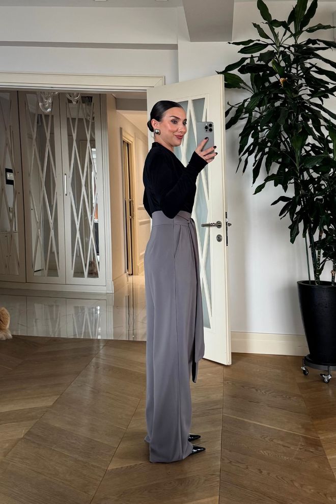 Tuba Grey Elegant High Waist Wide Leg Palazzo Pants Wholesale Clothing Cocktail