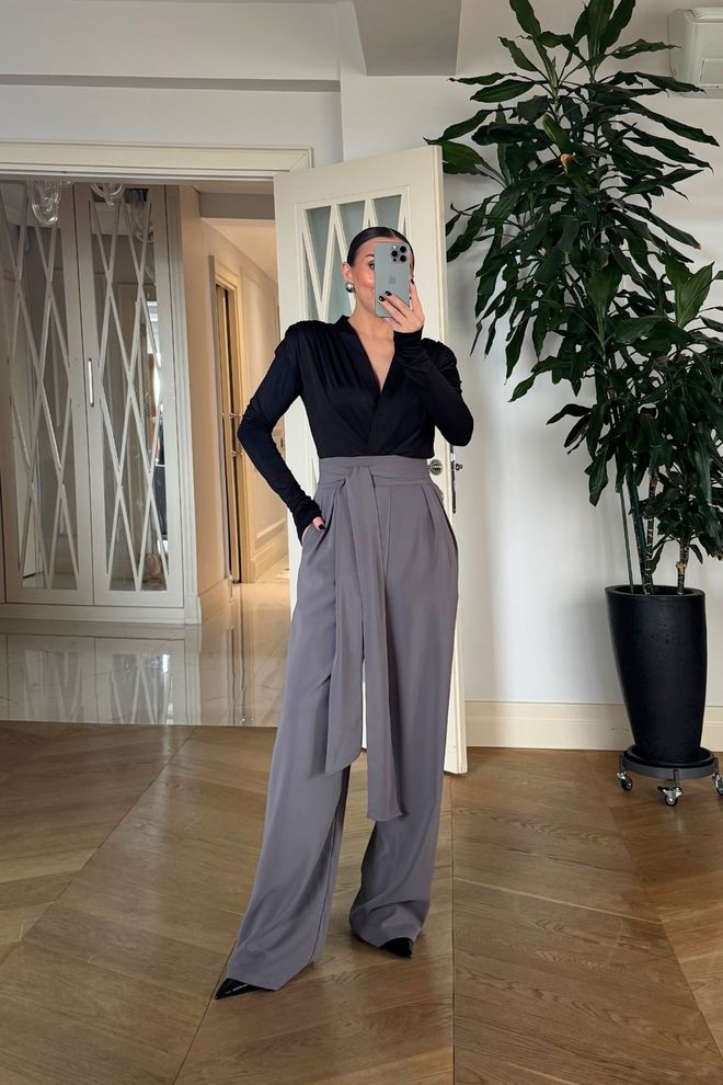 Tuba Grey Elegant High Waist Wide Leg Palazzo Pants Wholesale Clothing 5