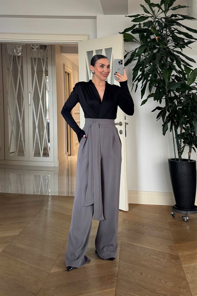 Tuba Grey Elegant High Waist Wide Leg Palazzo Pants Wholesale Clothing Elegant