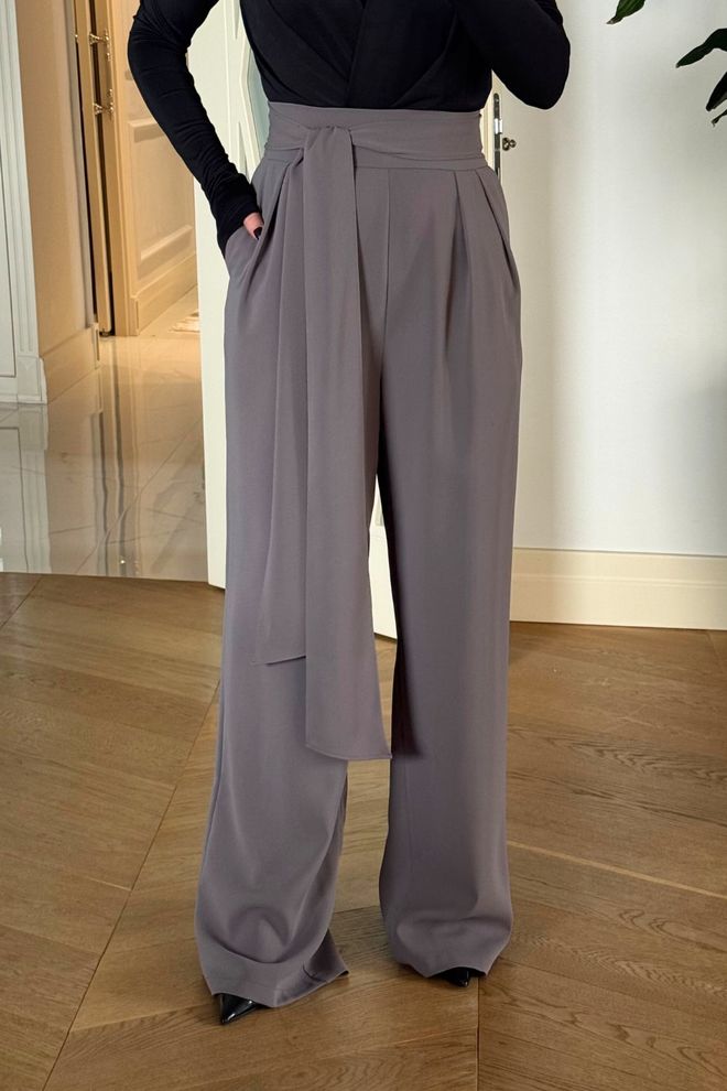 Tuba Grey Elegant High Waist Wide Leg Palazzo Pants Wholesale Clothing Work