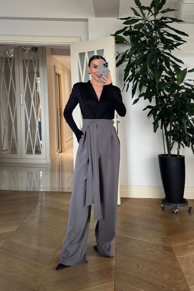 Tuba Grey Elegant High Waist Wide Leg Palazzo Pants Wholesale Clothing Spring
