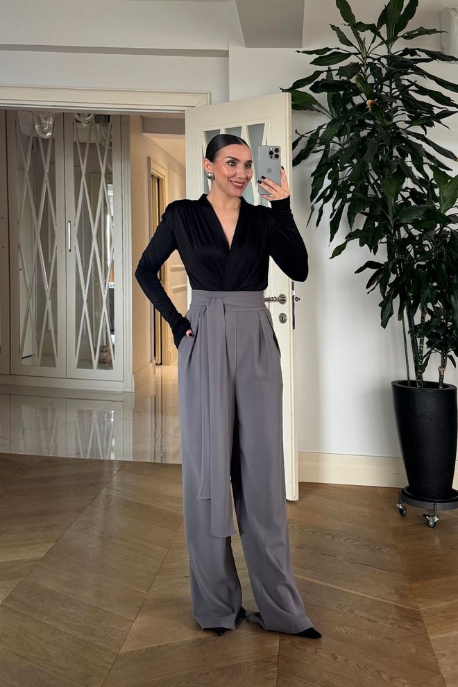 Tuba Grey Elegant High Waist Wide Leg Palazzo Pants Wholesale Clothing 1