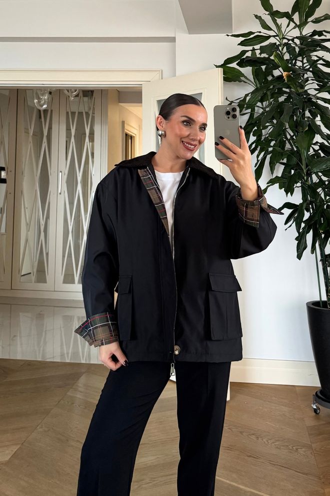 Tuba Płaszcz Damski Z Aksamitnym Kołnierzem W Kratę Czarny Hurtowa sprzedaż odzieży 0