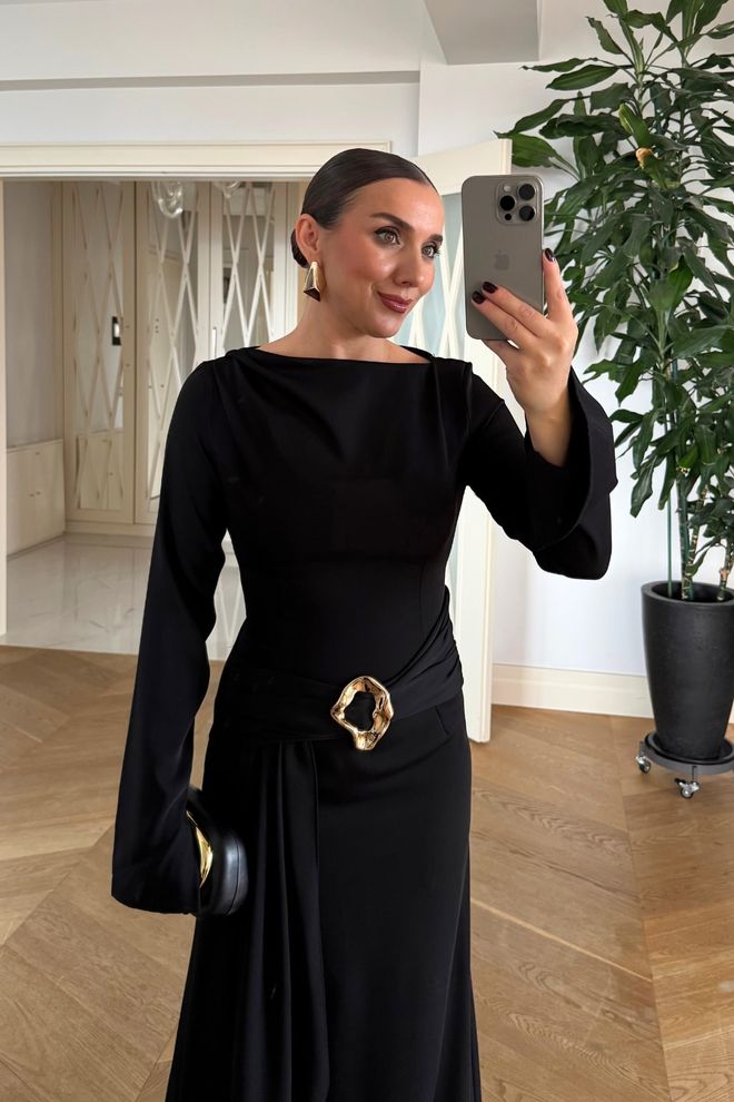 Tuba Elegant Black A Line Dress With Long Sleeves Wholesale Clothing 5