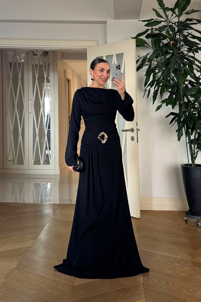 Tuba Elegant Black A Line Dress With Long Sleeves Wholesale Clothing Cocktail