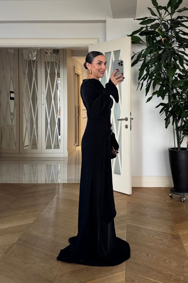 Tuba Elegant Black A Line Dress With Long Sleeves Wholesale Clothing Glam