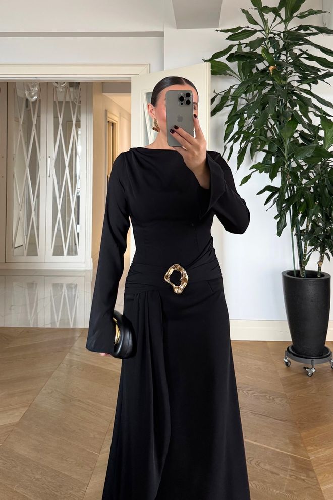 Tuba Elegant Black A Line Dress With Long Sleeves Wholesale Clothing Wedding