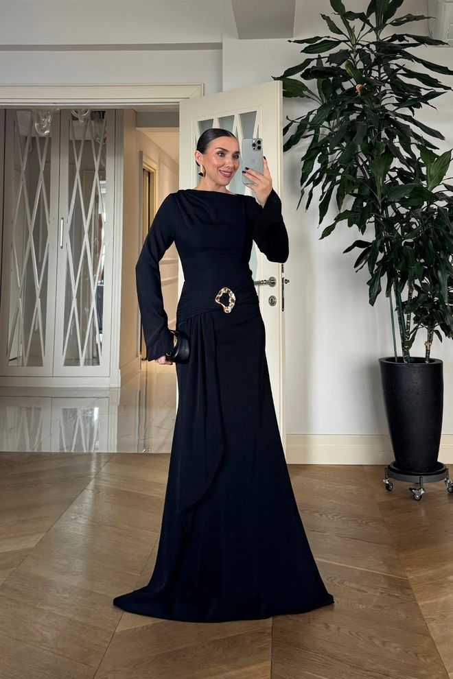 Tuba Elegant Black A Line Dress With Long Sleeves Wholesale Clothing Fall