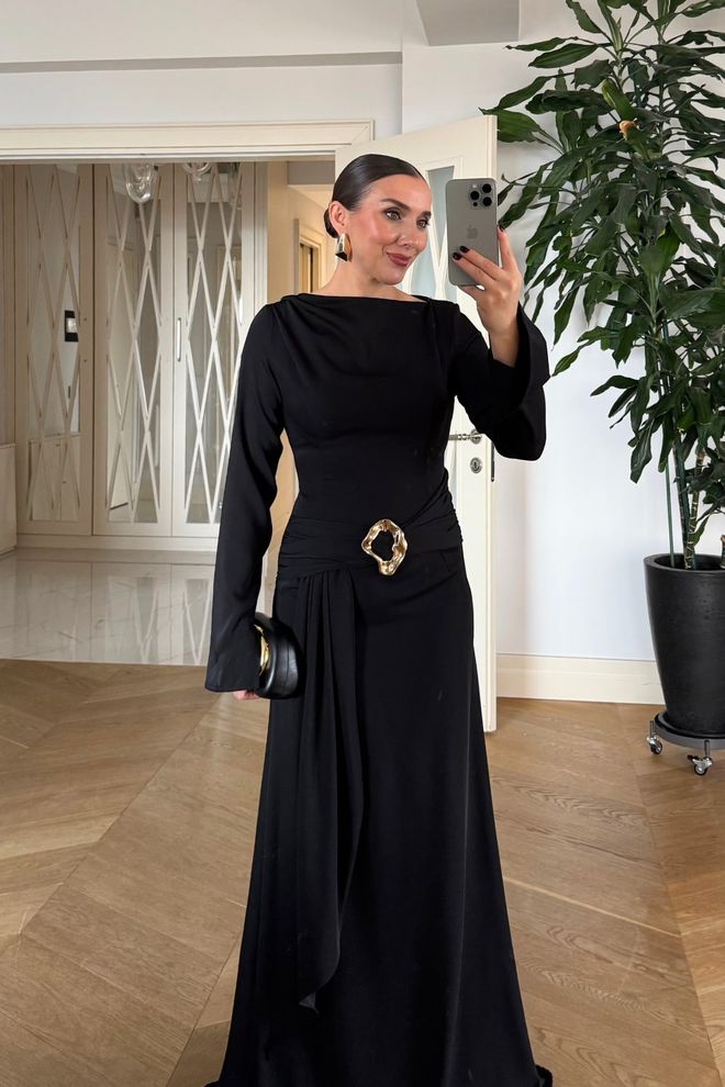Tuba Elegant Black A Line Dress With Long Sleeves Wholesale Clothing Formal