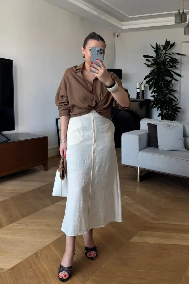 Tuba Beige Flared Midi Skirt With Buttoned Closure Wholesale Clothing Casual