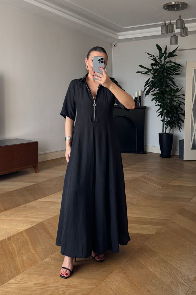 Tuba Elegante Zwarte A lijn Jurk Met Geribbelde Hals Groothandel Kleding Casual