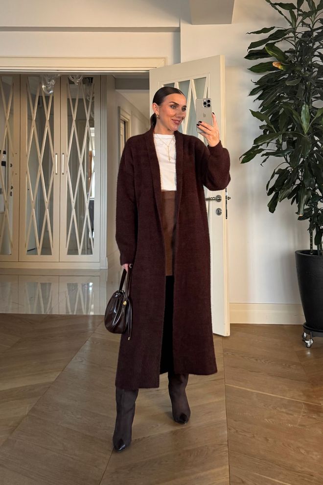 Tuba Cardigan Marrone Elegante Casual Con Collo A Scialle Abbigliamento all'ingrosso Casuale