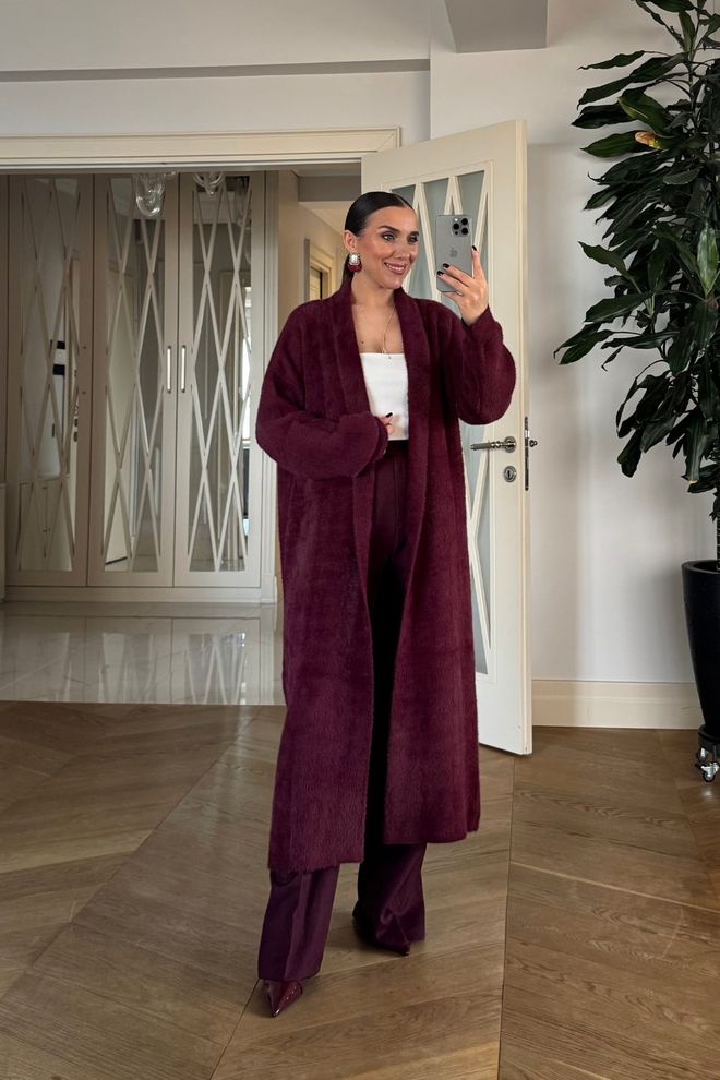 Tuba Cardigan Bordeaux Con Collo A Scialle Vestibilità Oversize Abbigliamento all'ingrosso Casuale