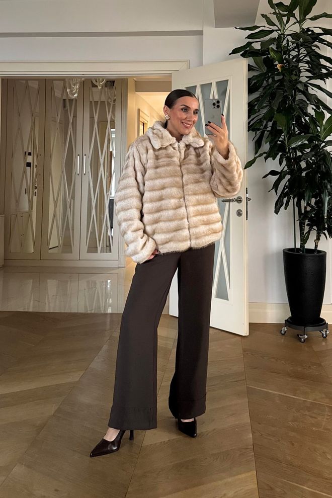 Tuba Şık Bej Çizgili Şişme Ceket Toptan Giyim Gündelik