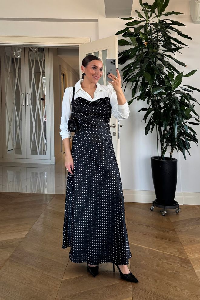 Tuba Črna Zvonasta Maxi Krilo S Pikami Oblačila na debelo Vintage