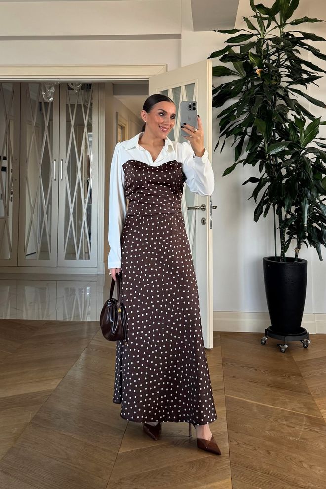 Tuba Rjava Elegantna Visok Pas Maxi Razširjeno Krilo S Pikami Oblačila na debelo Ležerno