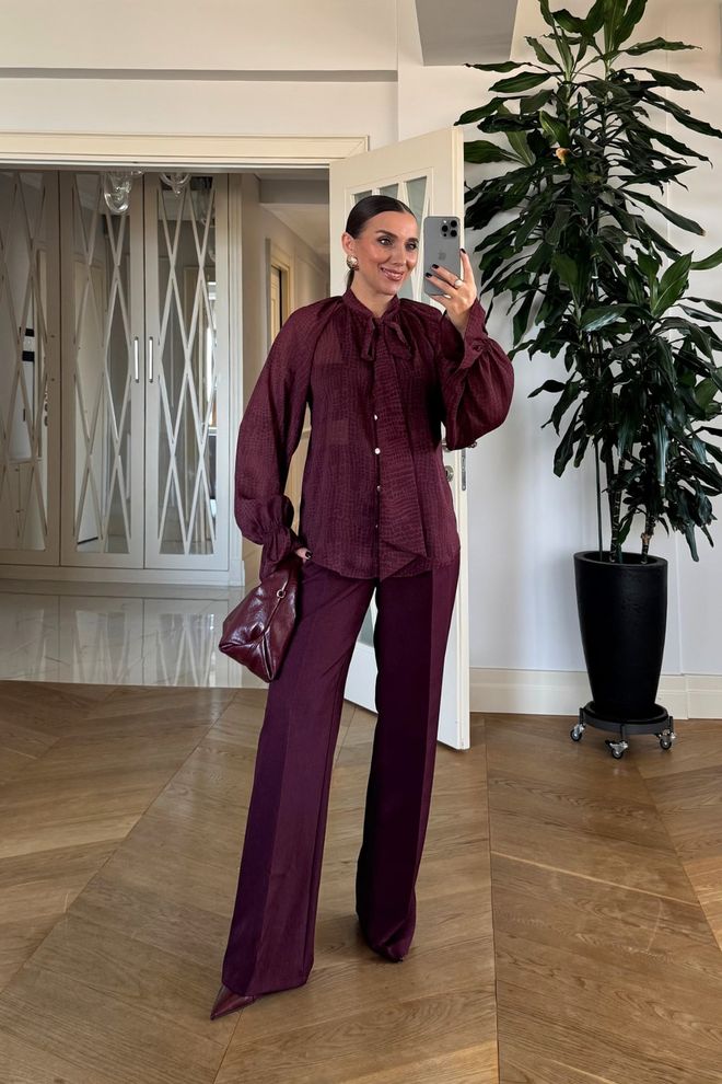 Tuba Eleganten Bordo Rdeč Gumb Majica Oblačila na debelo Vintage