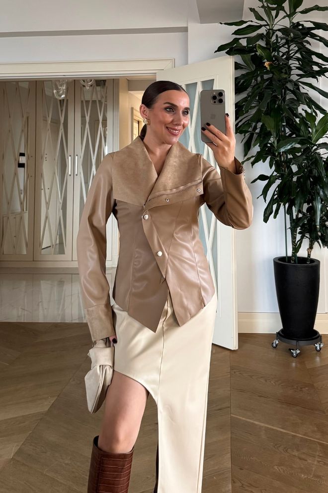 Tuba Bež Eleganten Enoprsni Blazer Jakna Oblačila na debelo Ležerno