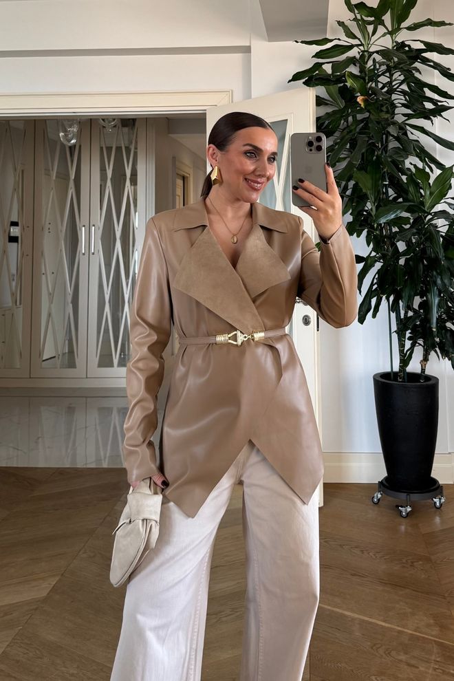 Tuba Bež Zavinovacie Jakna Eleganten Ozek Kroj Zarezan Ovratnik Oblačila na debelo Vintage