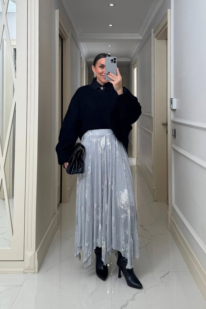 Tuba Ασημί Ασύμμετρη Midi Φούστα Ψηλόμεσο Χονδρικό εμπόριο ενδυμάτων Casual