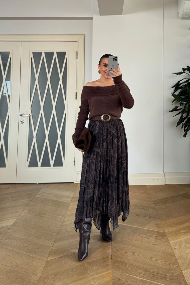 Tuba Brown Asymmetrical Midi Skirt Wholesale Clothing Fall